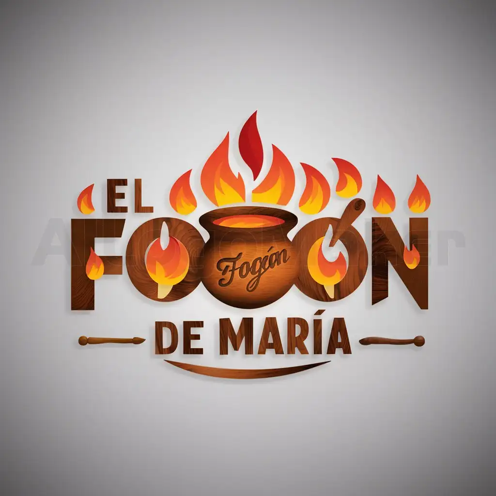 a logo design,with the text "El Fogón de Maria", main symbol:With some flames and making a soup pot look super nice with wooden colors and orange,Moderate,clear background
