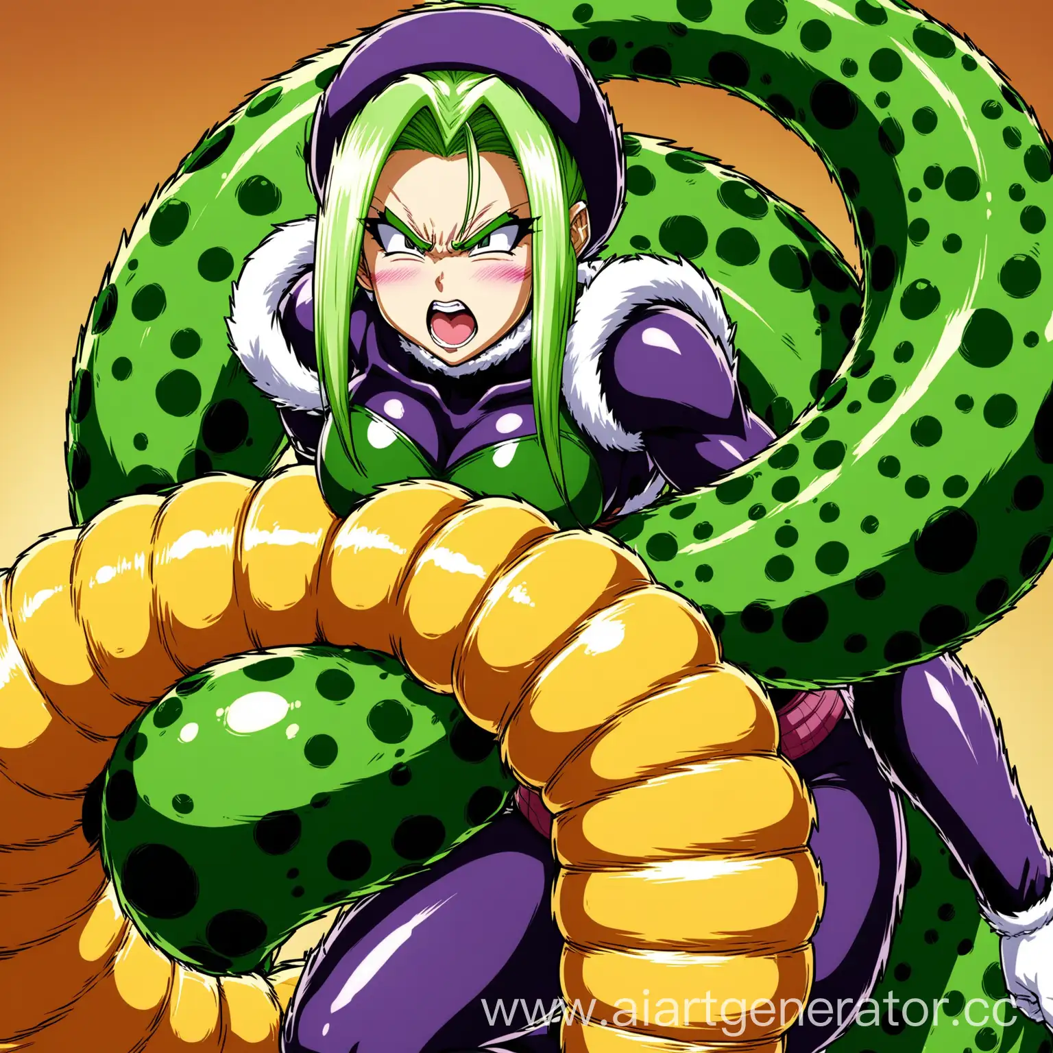 female "perfect cell" from "dragon ball z" "absorbing" :swallowing" 
someone "through her tail"
