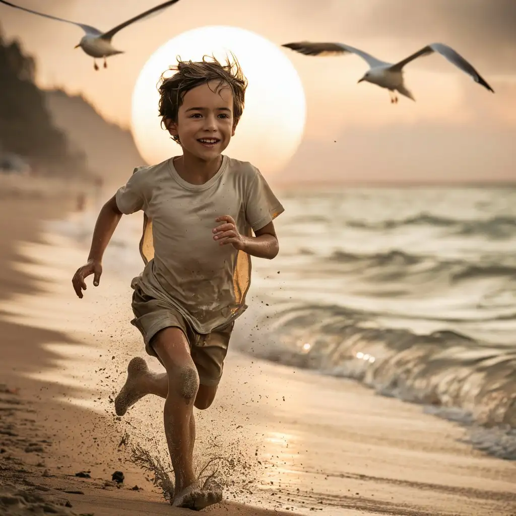 海边奔跑的小男孩