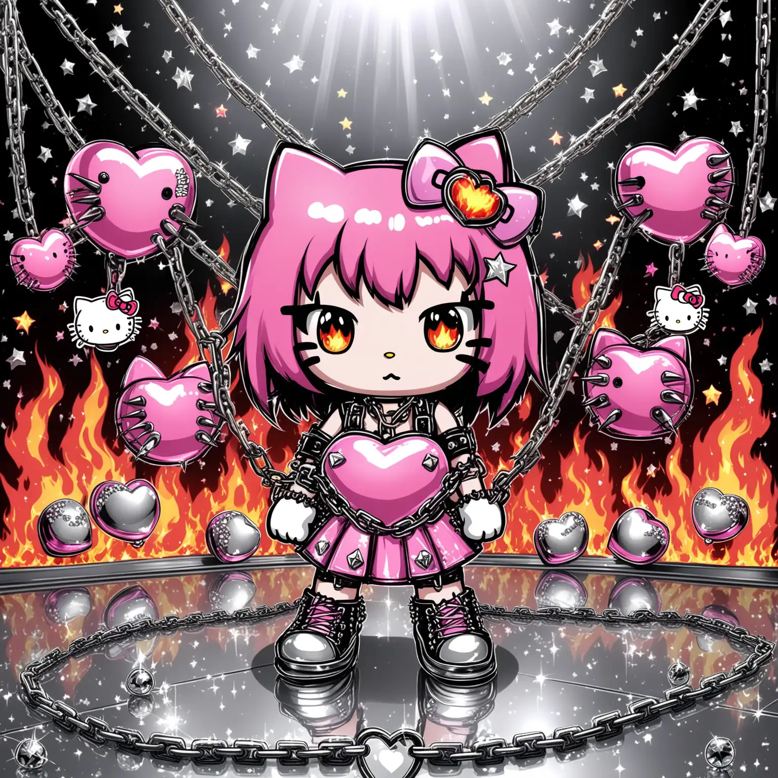 Pink Hello Kitty, looking flirtatious in chains and spikes, with diamonds on the chains, on silver reflective floor, with heart shaped bombs with spikes on fire in background, silver glitter and stars in background, badass, cute, punk rock, pretty, hello kitty