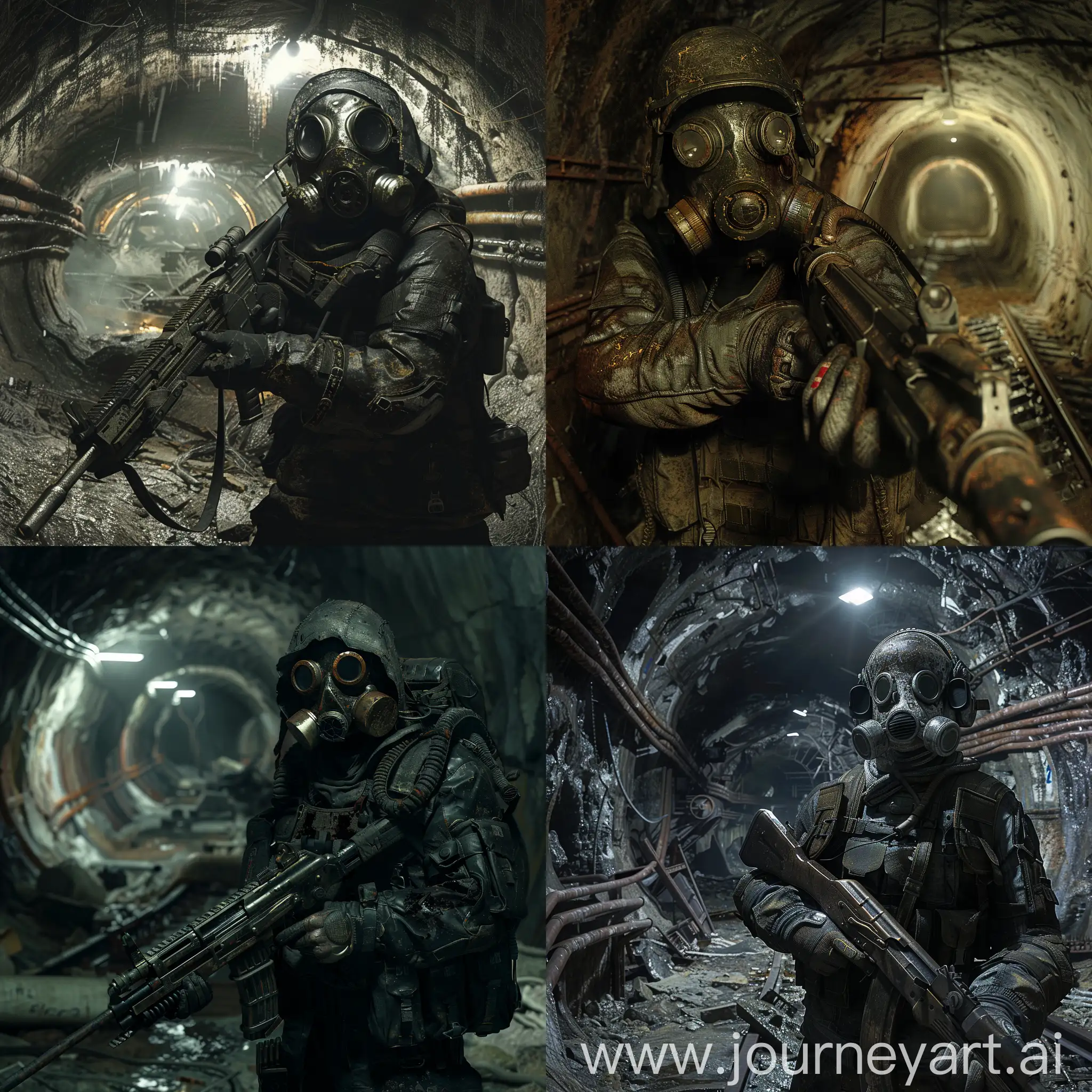 Metro 2033, survivor stand in post-apocalyptic armor and gasmask in a dirty and abandoned catacombs, he hold an old Soviet sniper rifle with both hands, lack of light sources, darkness, despondency, tension.