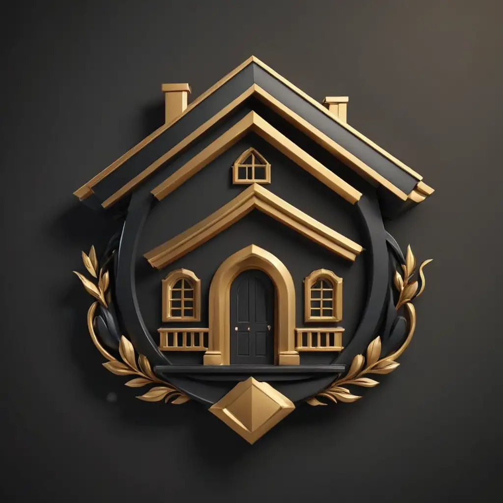 Luxurious 3D Home Logo in Black and Gold Design