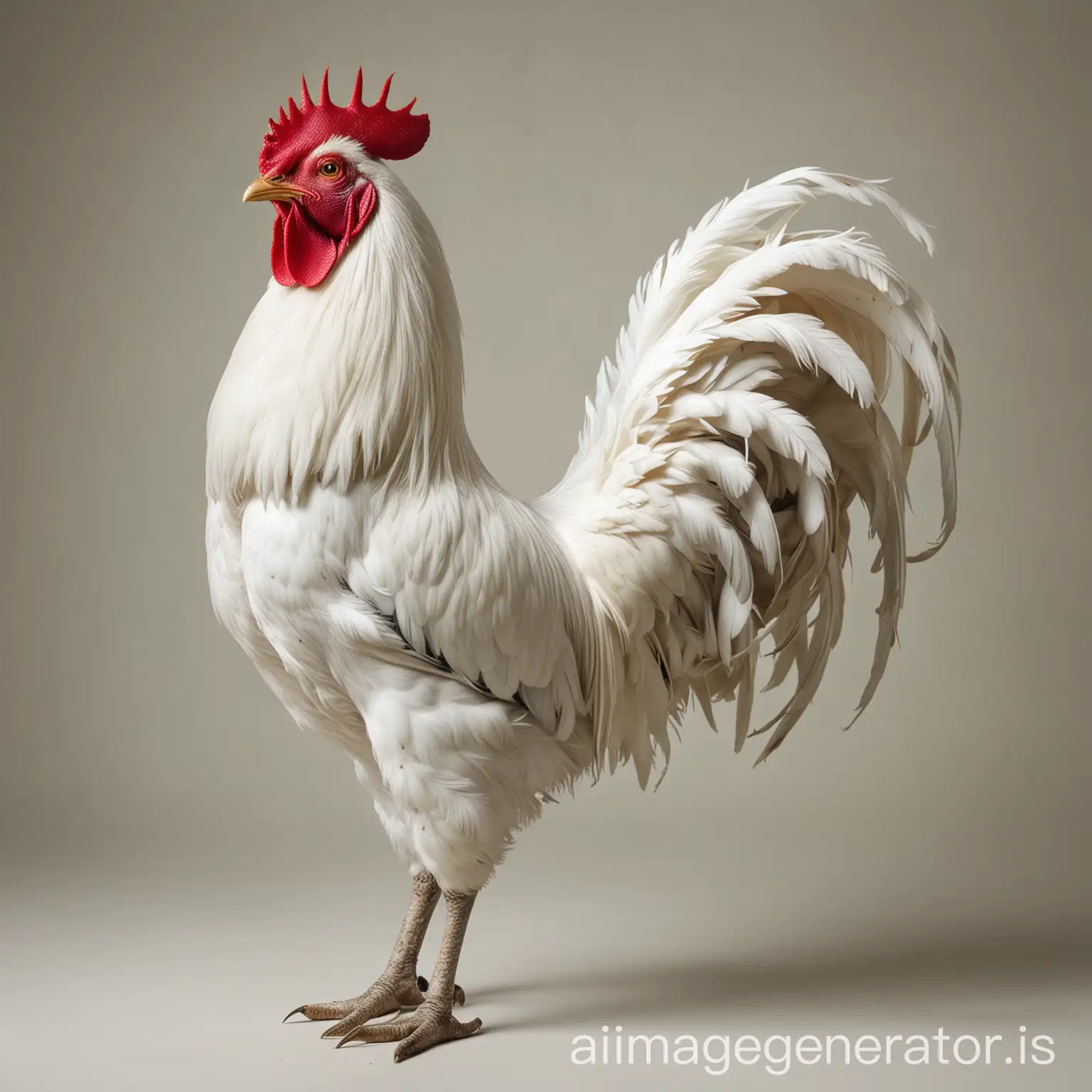 Draw a photo that has a full-length rooster standing, white in color, and facing the camera