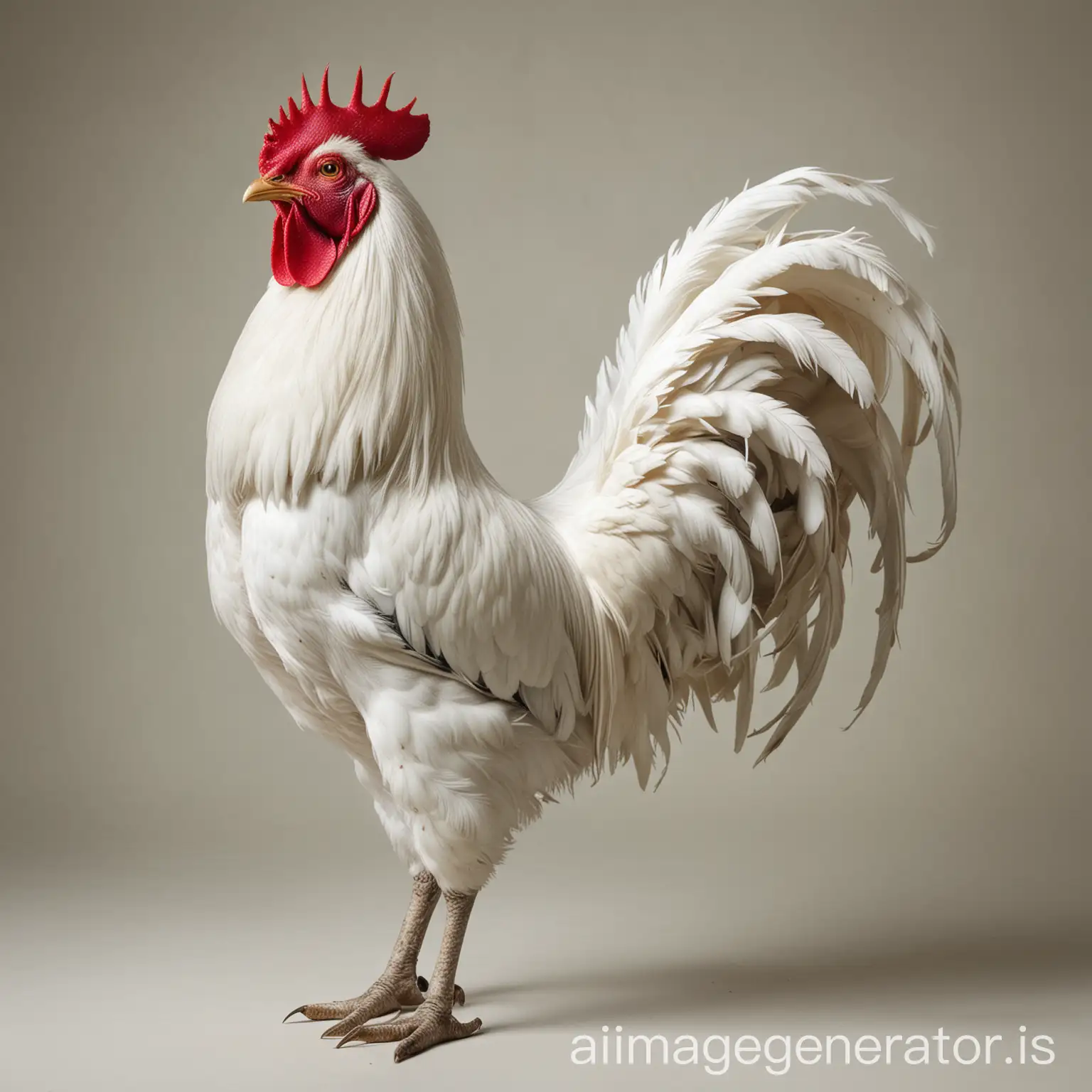 Draw a photo that has a full-length rooster standing, white in color, and facing the camera
