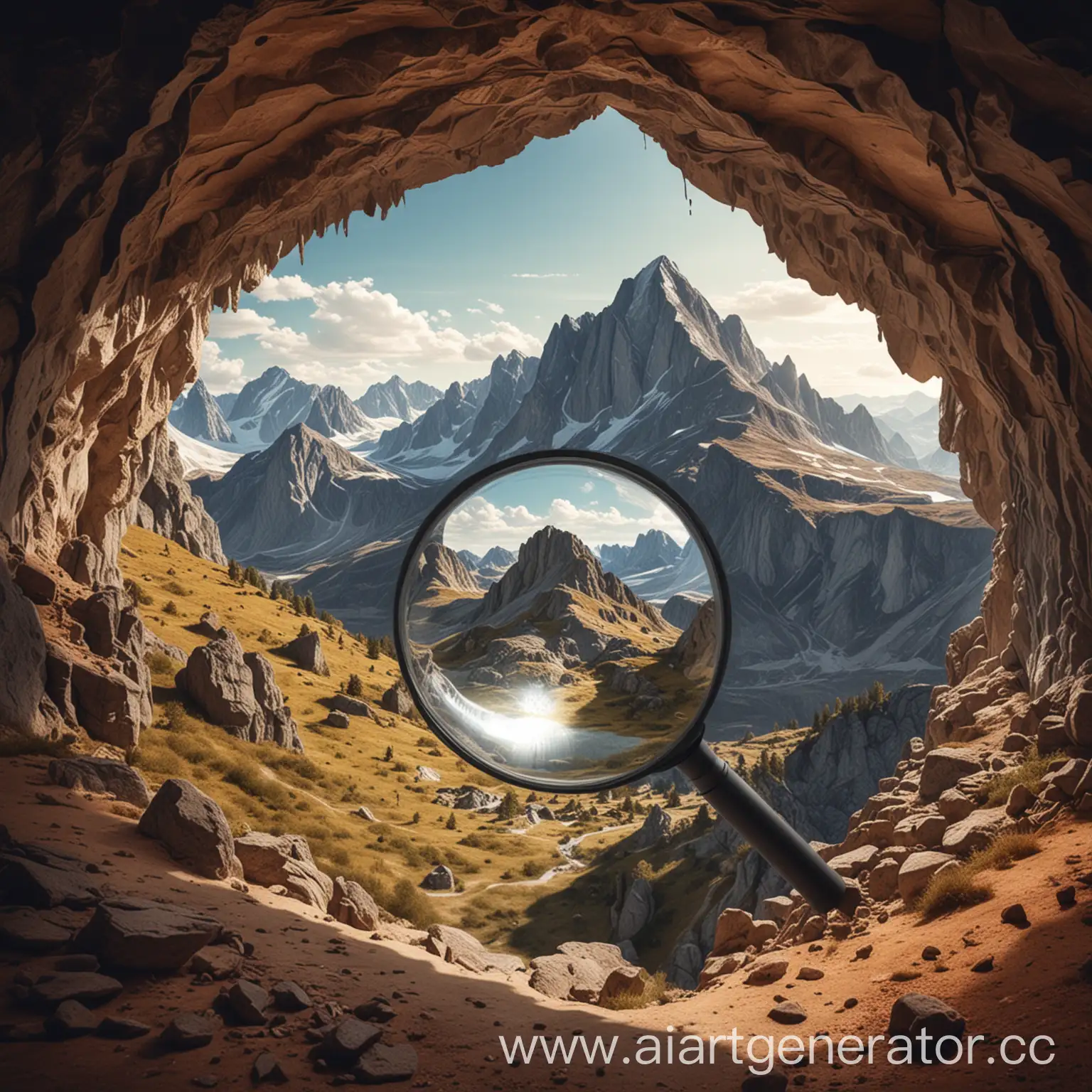Иллюстрация вид горы, под увеличительным стеклом на пещеру