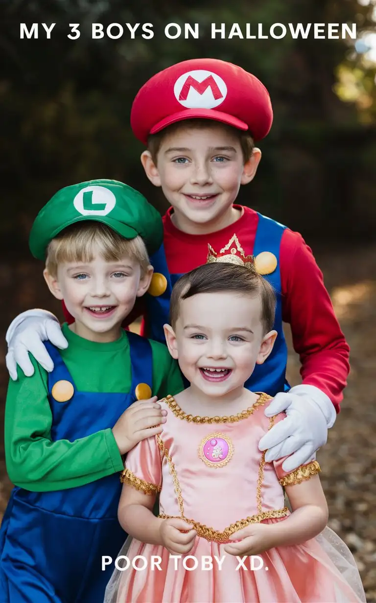 Gender role-reversal, Photograph of a 9-year-old boy wearing a red Mario costume, a cute 7-year-old little short-haired blonde boy wearing a green Luigi costume, and a cute 5-year-old little short-brown-haired boy with short hair shaved on the sides wearing a Princess Peach dress, cute, English, perfect children faces, perfect faces, smooth, top captions “my 3 boys on Halloween”, bottom captions “Poor Toby XD”