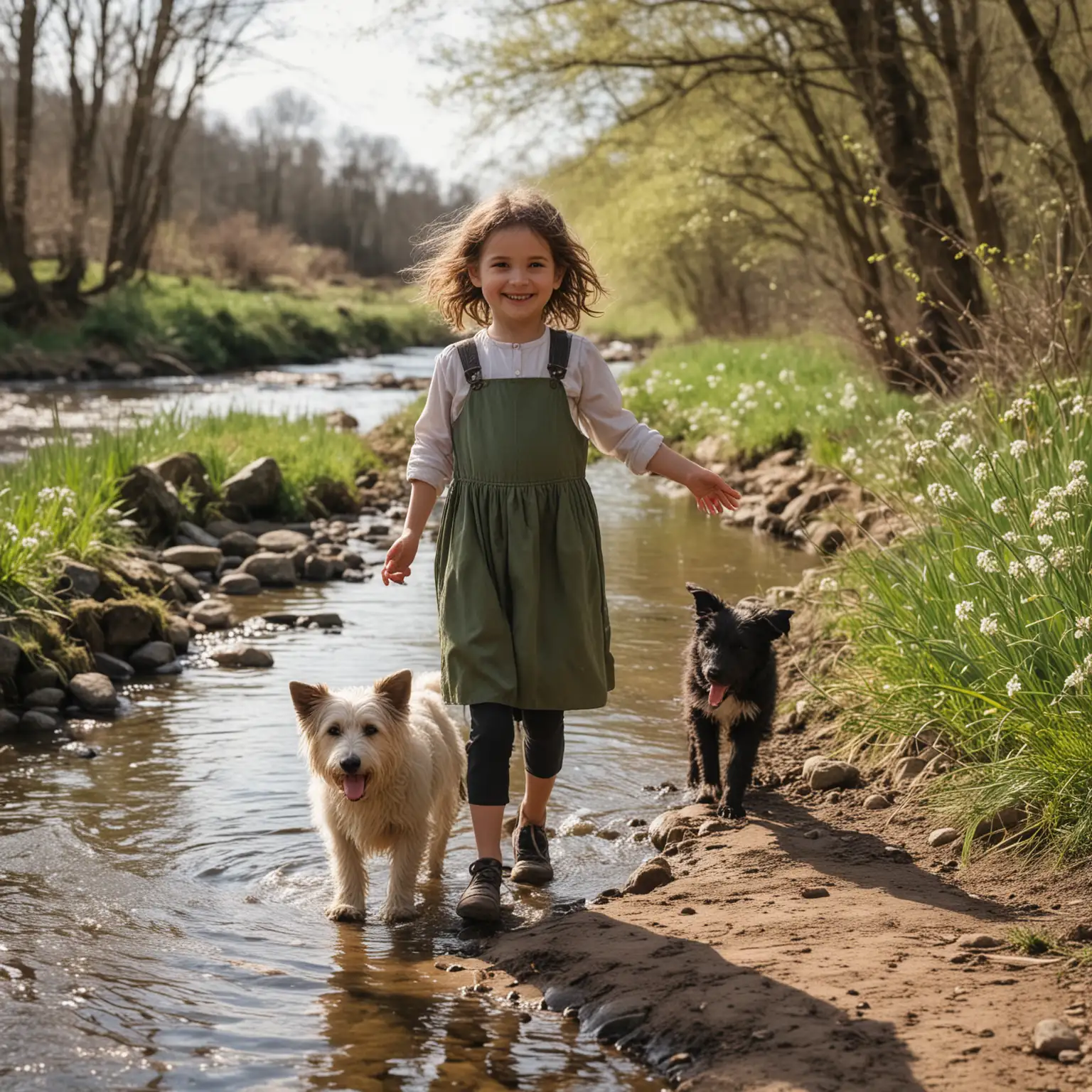 春天的一个午后，一个小女孩，站在小河的对面，微笑着向你挥手，身旁是一只小柴犬