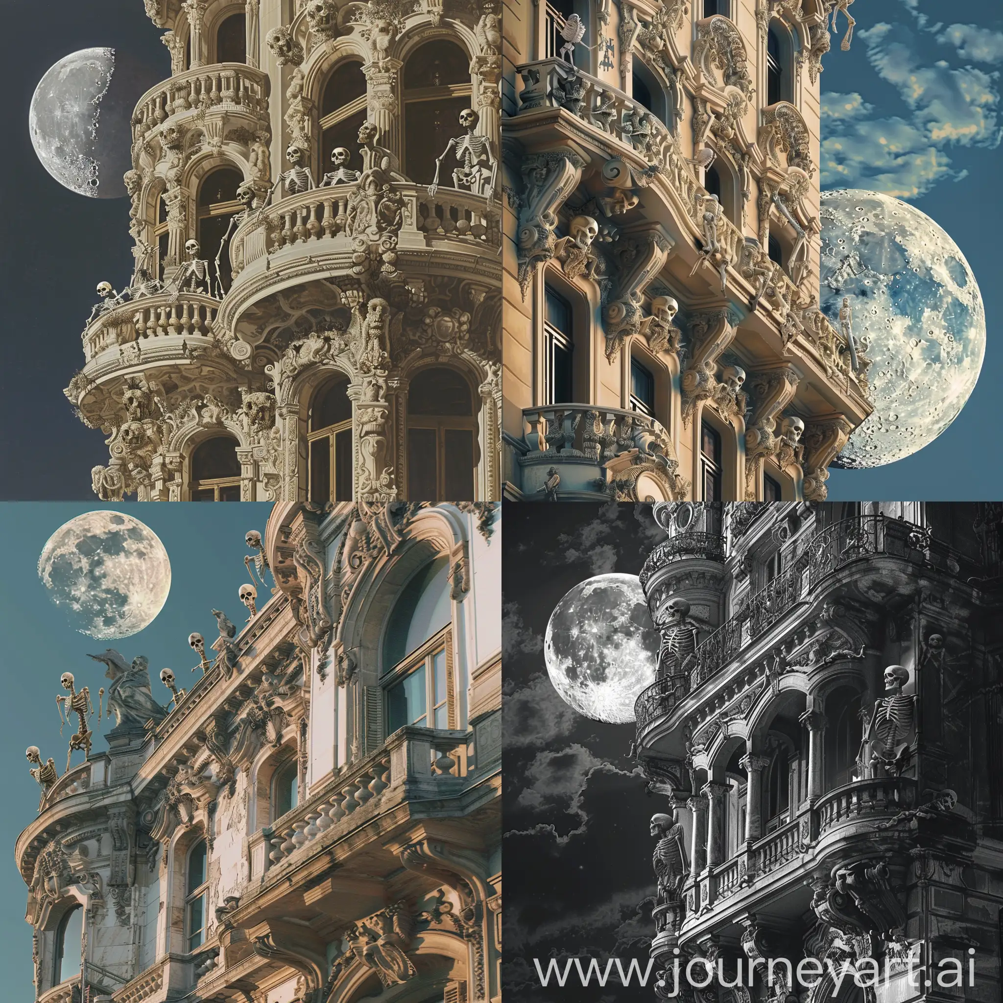 the palace is in the style of architecture of the third Reich, there are skeletons on the balconies, the moon on the background