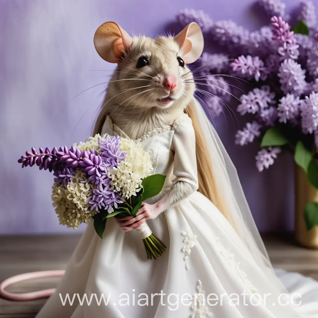 Крыса в свадебном платье с длинными русыми волосами и с букетом сирени 