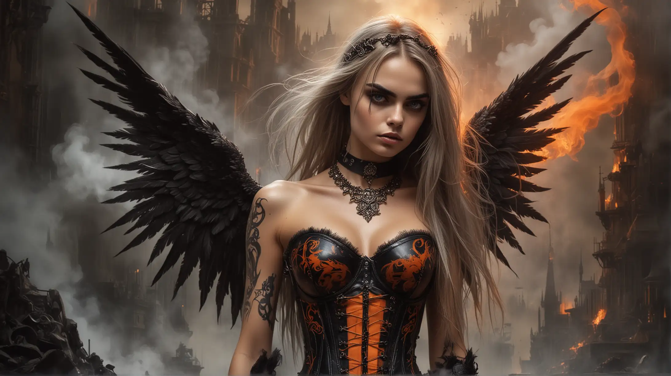 Sexy Tattooed Dark Angel with Orange and Black Strapless Bone Ornament Corset and Black Wings