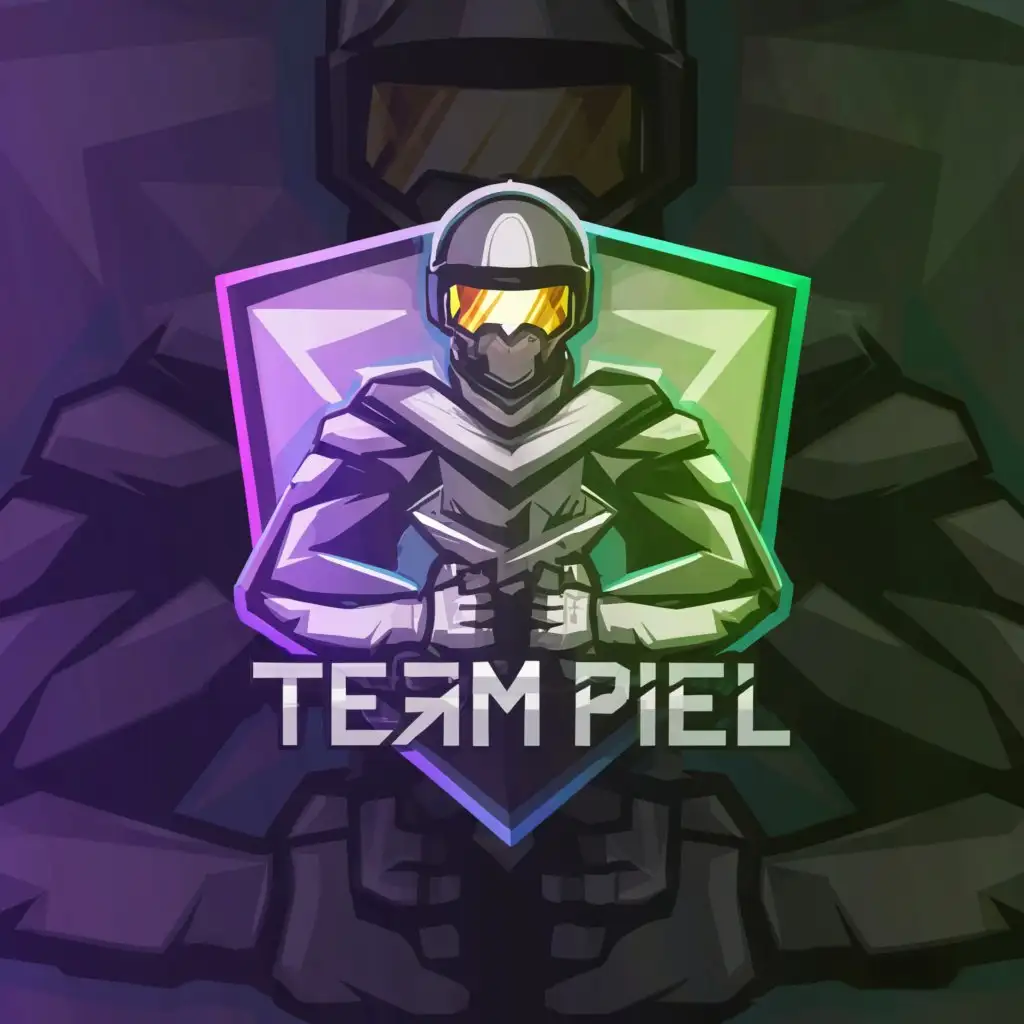 LOGO-Design-For-Team-Pixel-HalfRealistic-Soldier-in-Blue-and-Purple-Pixel-Art-Shield