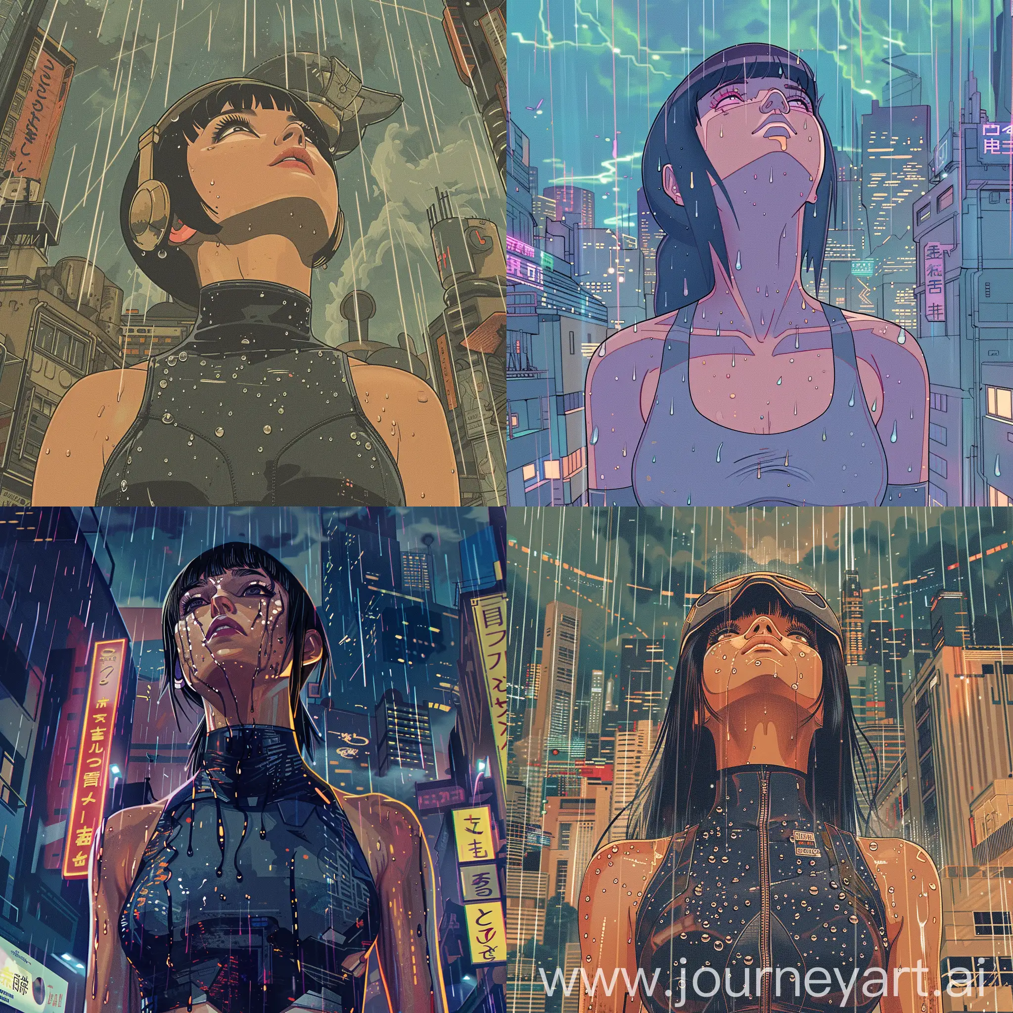 An illustration of Lucy from Cyberpunk Edgerunners wearing a tight unitard, with her face turned up to the sky, rain droplets on her face, with a cyberpunk cityscape in the background in Studio Ghibli style.
