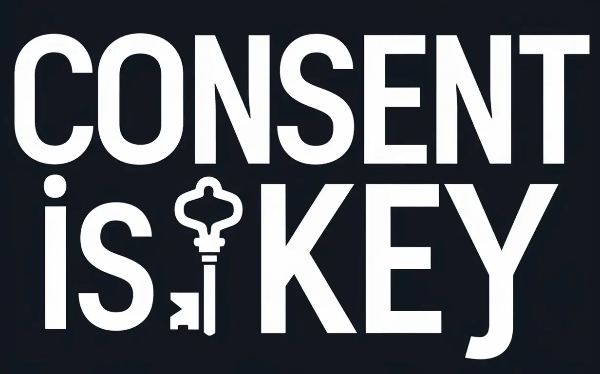 Create a bold, eye-catching design featuring the phrase 'Consent is Key'. The design should be suitable for direct-to-garment printing. Use a modern, clean font for the text to ensure legibility. Incorporate a small key icon subtly integrated into the text or as a supporting graphic. The design should use high contrast colors to stand out, with the text in white or light colors against a dark background. Ensure the overall design is simple and impactful, suitable for print on demand on various apparel items. Avoid intricate details to maintain print quality.