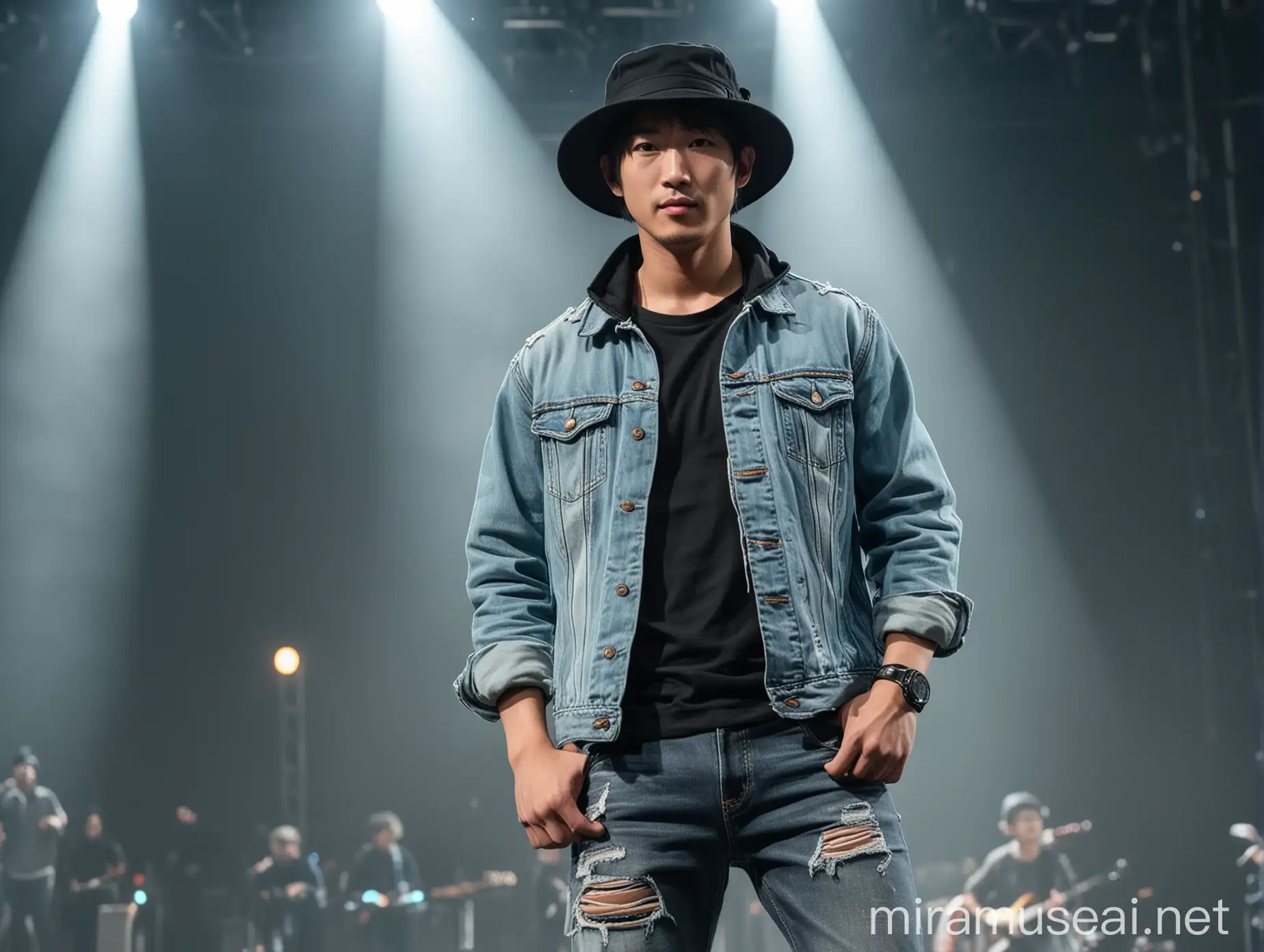 Hasil camera Nikon: seorang lelaki asia tampan memakai bucket hitam, jaket jeans biru muda model sobek dan celana jeans sedang berdiri di atas panggung malam  hari,ramai orang di bawah panggung, dan sangat detail, sangat jelas tidak cacat, resolusi tinggi.