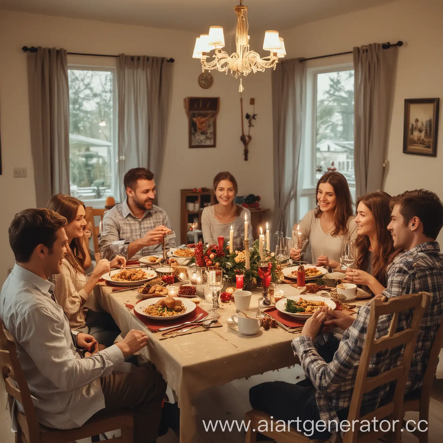 праздник, люди сидят за столом в доме