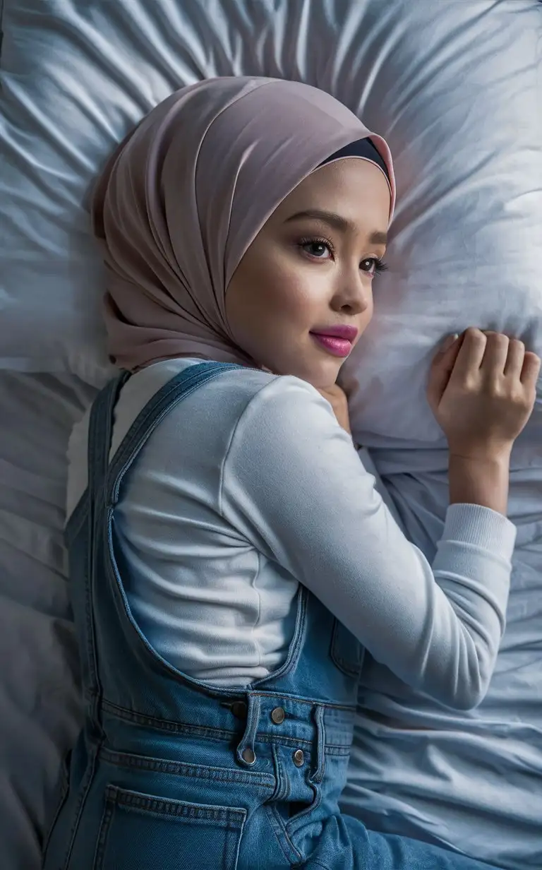 A innocent girl. 17 years old. She wears a hijab, jean overalls,
She is beautiful. She lie face down on the bed.
Side eye view, petite, plump lips.  Elegant, pretty, pink lips, plump body,