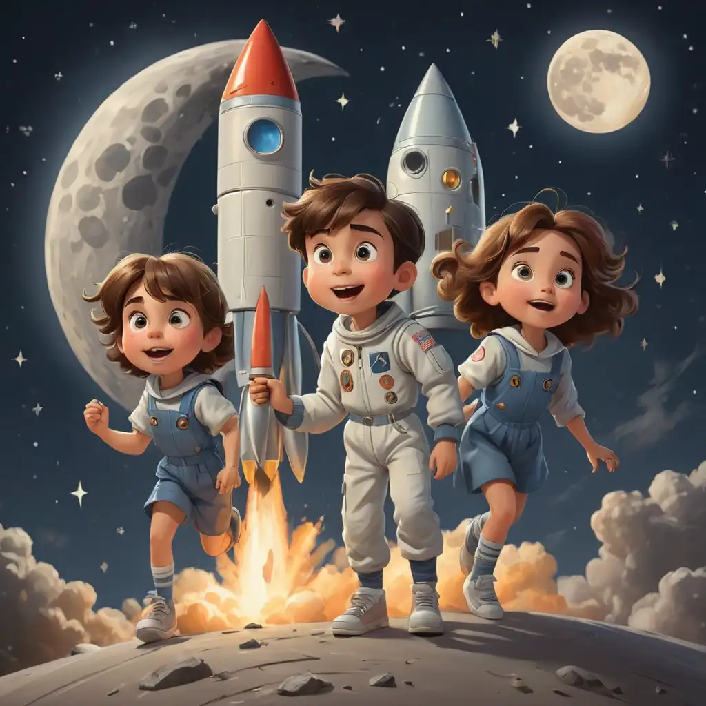 dessine-moi une image, style dessin animée, comportant trois enfants  des etoiles, la lune, une fusée 