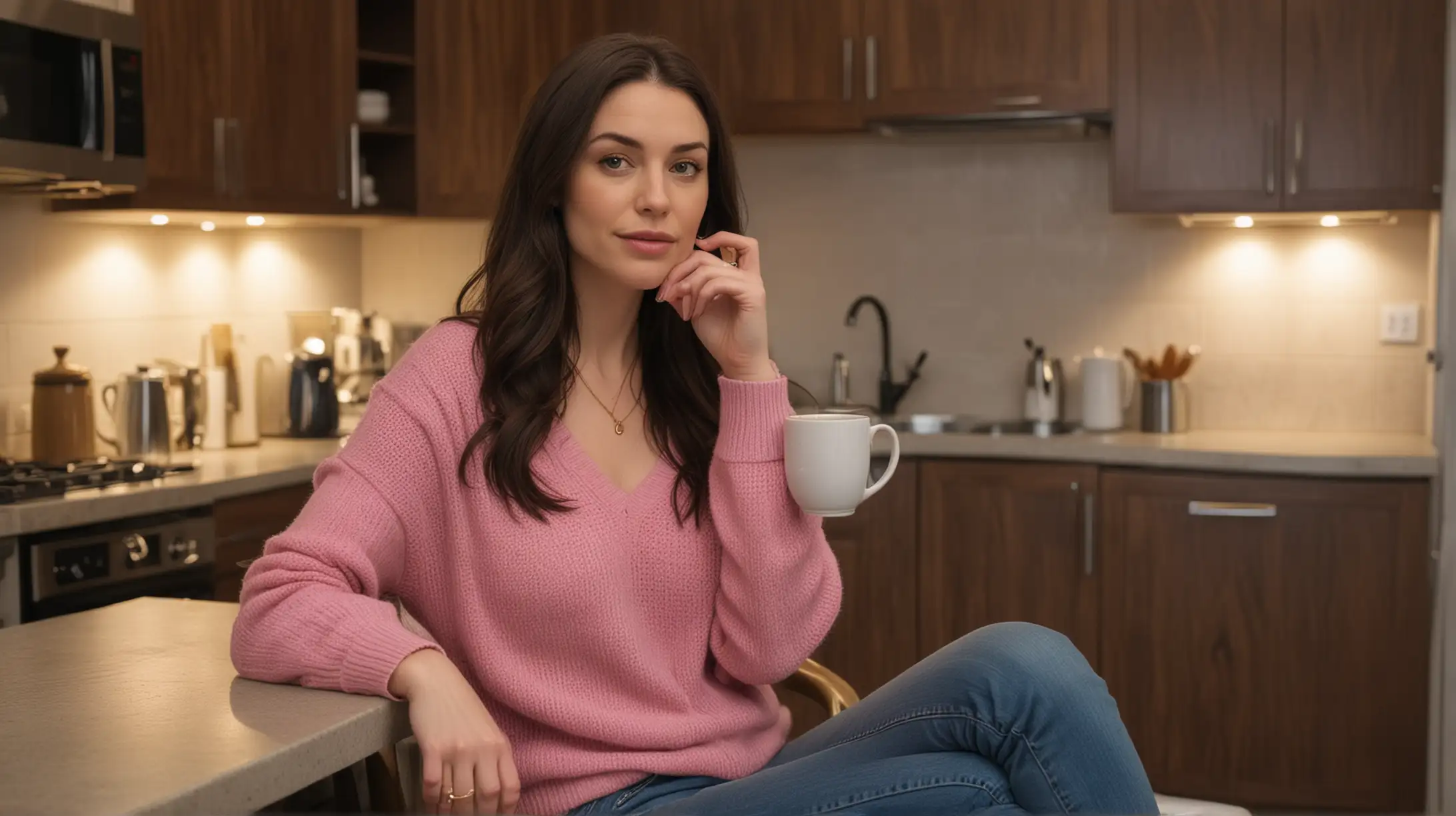 30 year old pale white woman with long dark brown hair parted to the right, wearing a gold necklace, pink sweater and blue jeans. She is sitting in a chair at a kitchen table with exactly one mug of hot tea, dense urban high rise apartment background at nighttime.