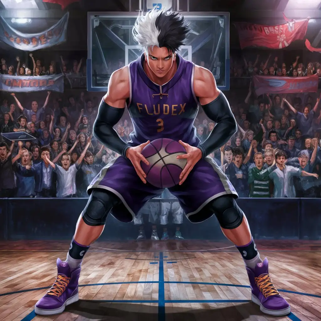 An anime character with white and black hair, dressed in purple clothes with the inscription FLUDEX and purple sneakers, holds a basketball in his hands on a basketball court.