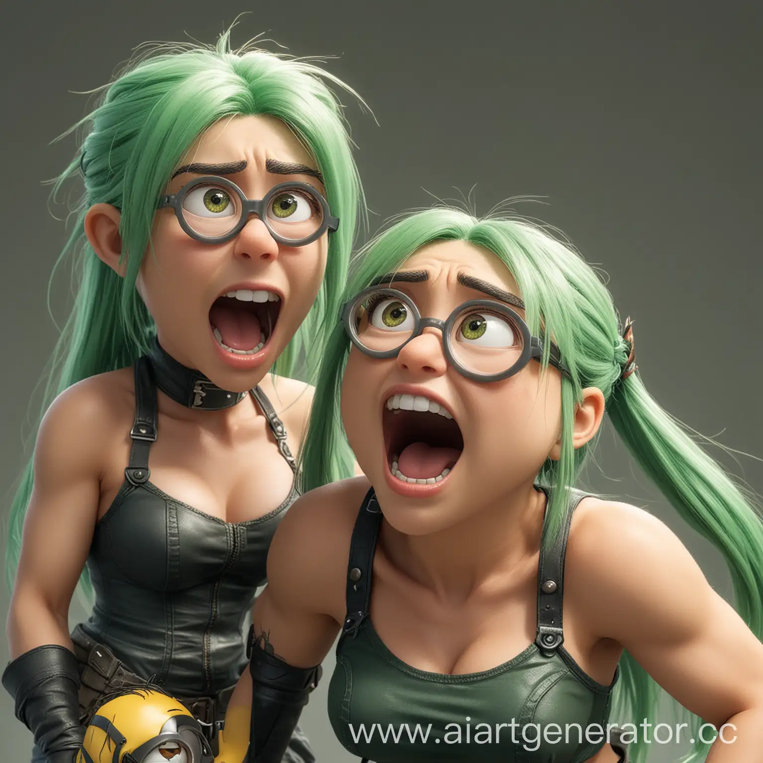 A muscular minion holds a green-haired anime woman by the neck and screams
