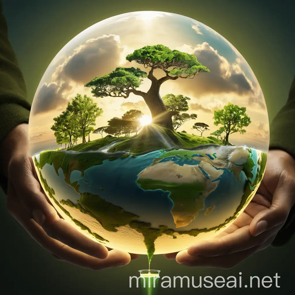 Please make me a hyperreal picture with the title of a big globe on the page and a hand is planting a tree on the globe. Please design the picture in such a way that it conveys the meaning of this picture to the audience.سبز مرموز: #3CB371
آبی اقیانوسی: #007FFF
زرد طبیعی: #D4AC0D
قهوه‌ای خاکی: #8B4513
سبز جنگلی: #228B22