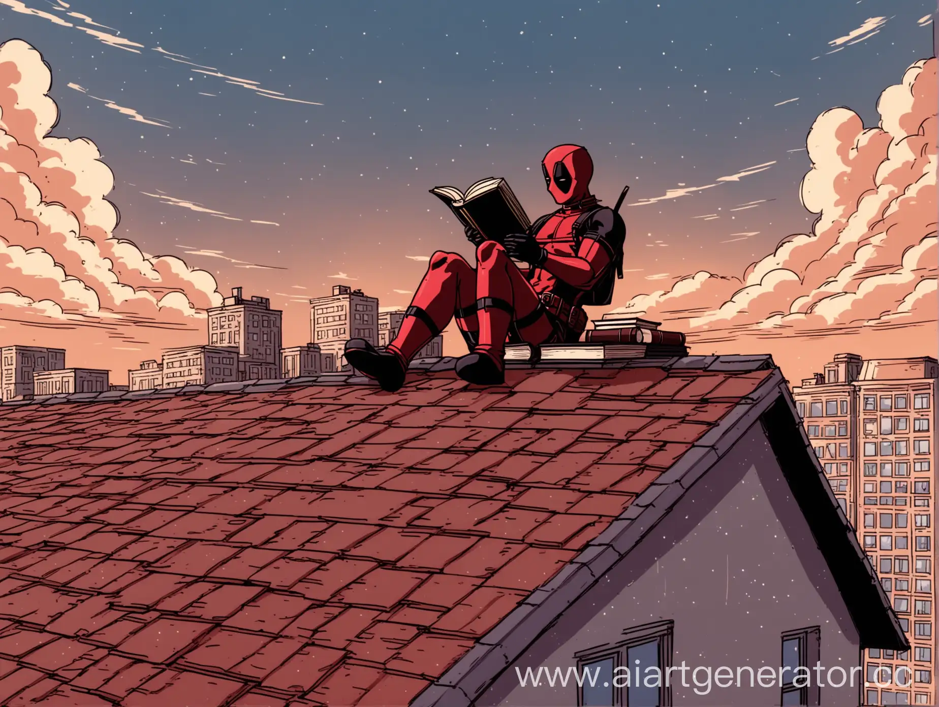 дедпул лежит на крыше здания и читает книгу, на фоне неба в стиле арт