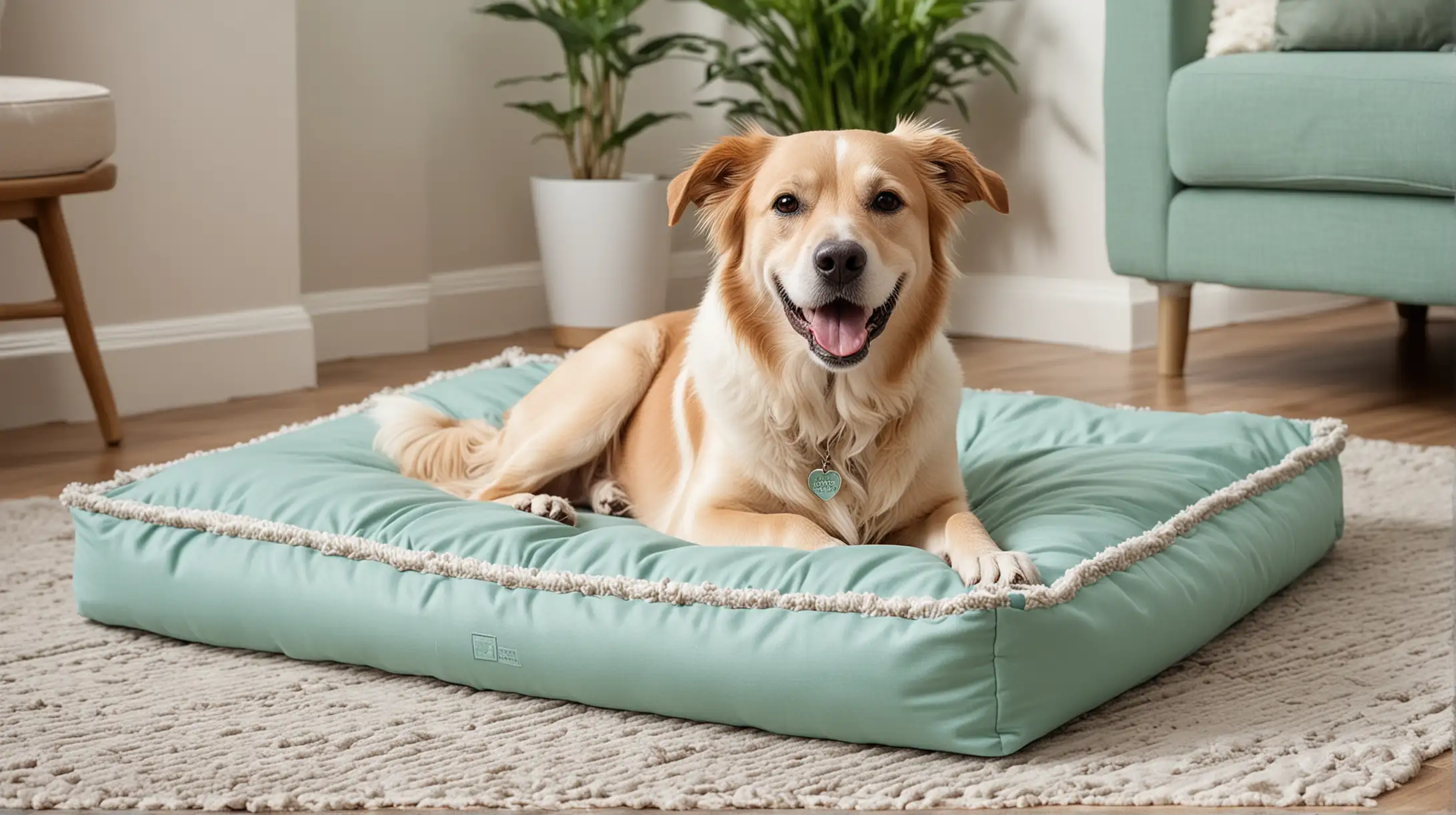 A happy dog lying calmly on a durable, chew-resistant dog bed in a high-end home setting. The room is stylishly decorated with mint, sky blue, beige, white, and grass green colors, with a splash of bright color accents. The dog looks relaxed and content, showing no signs of anxiety or destructive behavior. The setting is warm and inviting, reflecting a harmonious environment for both the pet and the owner.