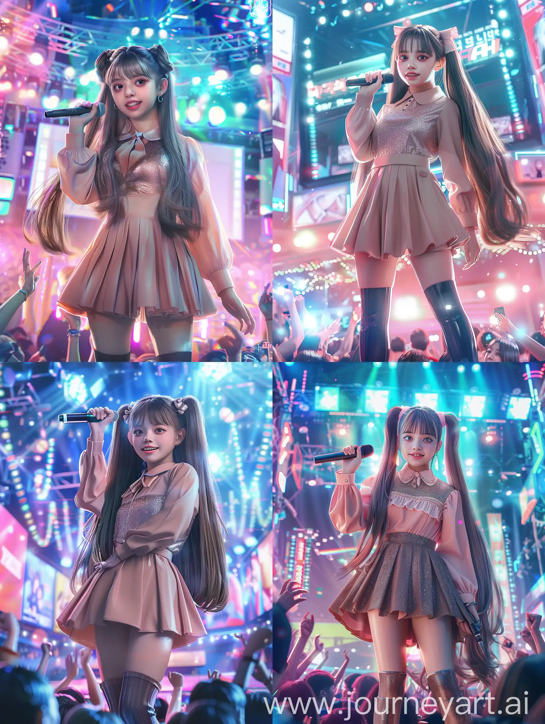 “Please transform the provided photo into an image of a young, energetic Japanese idol standing on a brightly lit stage. She should be holding a microphone in her right hand, with a confident and charming smile. She should have long, flowing black hair styled in loose waves. Her outfit should be stylish and colorful, including a short skirt, a glittery top, and high boots. The background should be filled with vibrant lights and cheering fans. The stage should have a modern design with LED screens displaying dynamic visuals.”