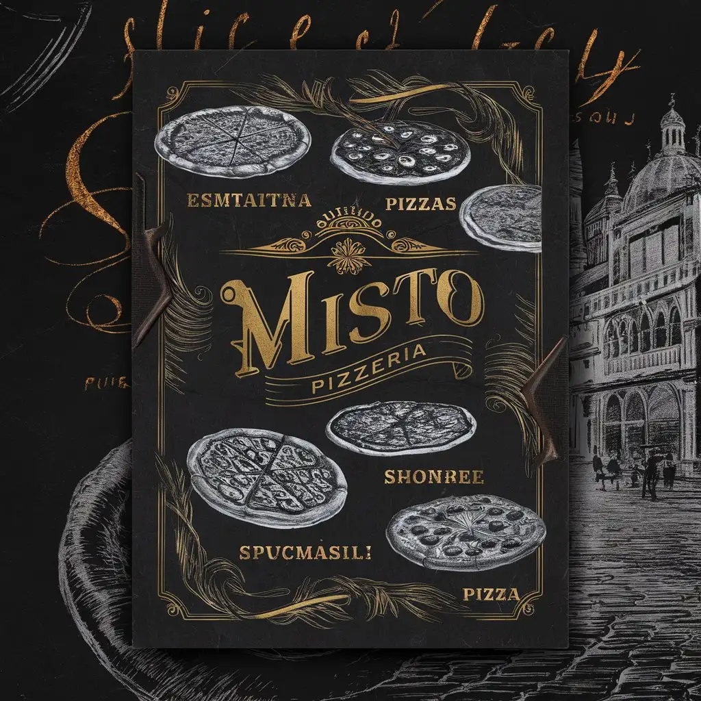 Misto Pizzeria, , Golden Misto, Menu, Black Vintage menu, Classic menu, Elegant menu, Sketched design menu, Pizzeria Menu, A4, Slogan, Slice if Italy