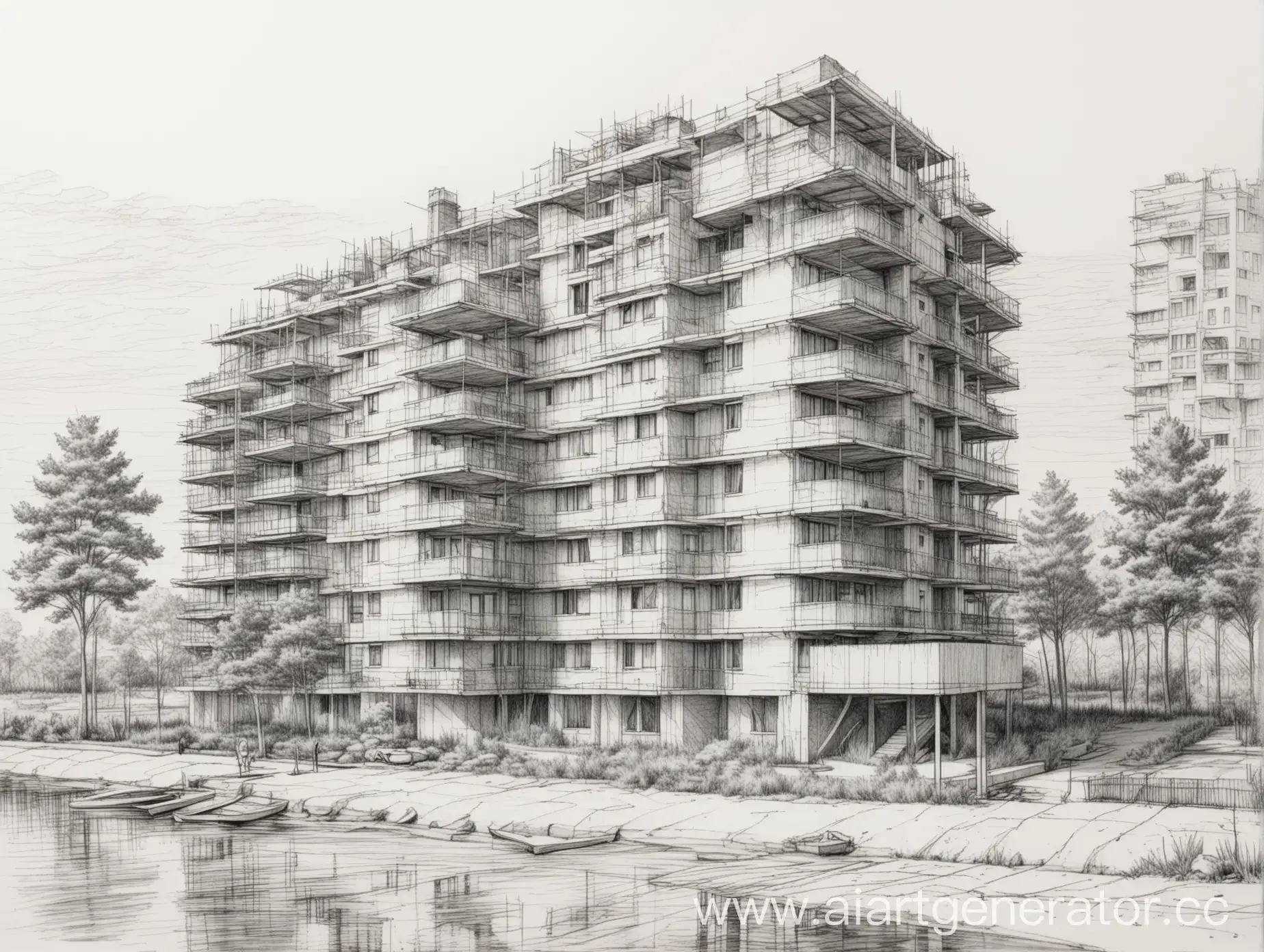 Sketch-of-MultiStory-Residential-Building-Construction-Next-to-Park-Shore