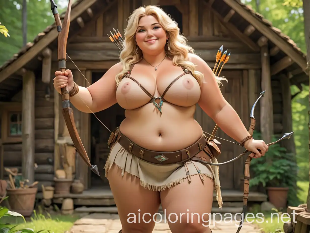 happy nude chubby blond woman with big boobs and nipple piercings, in adoration of a well dressed muscular bohemian man, with a bow and arrow, in a cottage , in the woods on a very hot summer, Coloring Page, black and white, line art, white background, Simplicity, Ample White Space