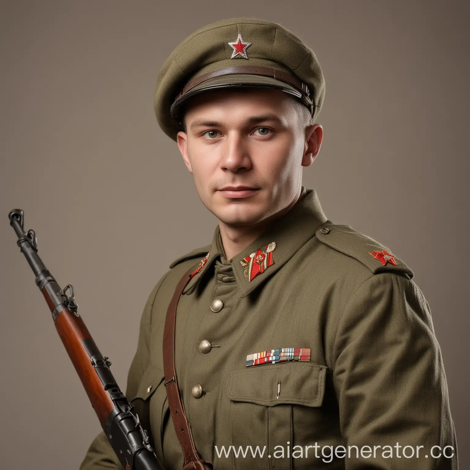 Солдат Советского союза 1941 года в военной форме и пилотке в руках винтовка мосина, без фона