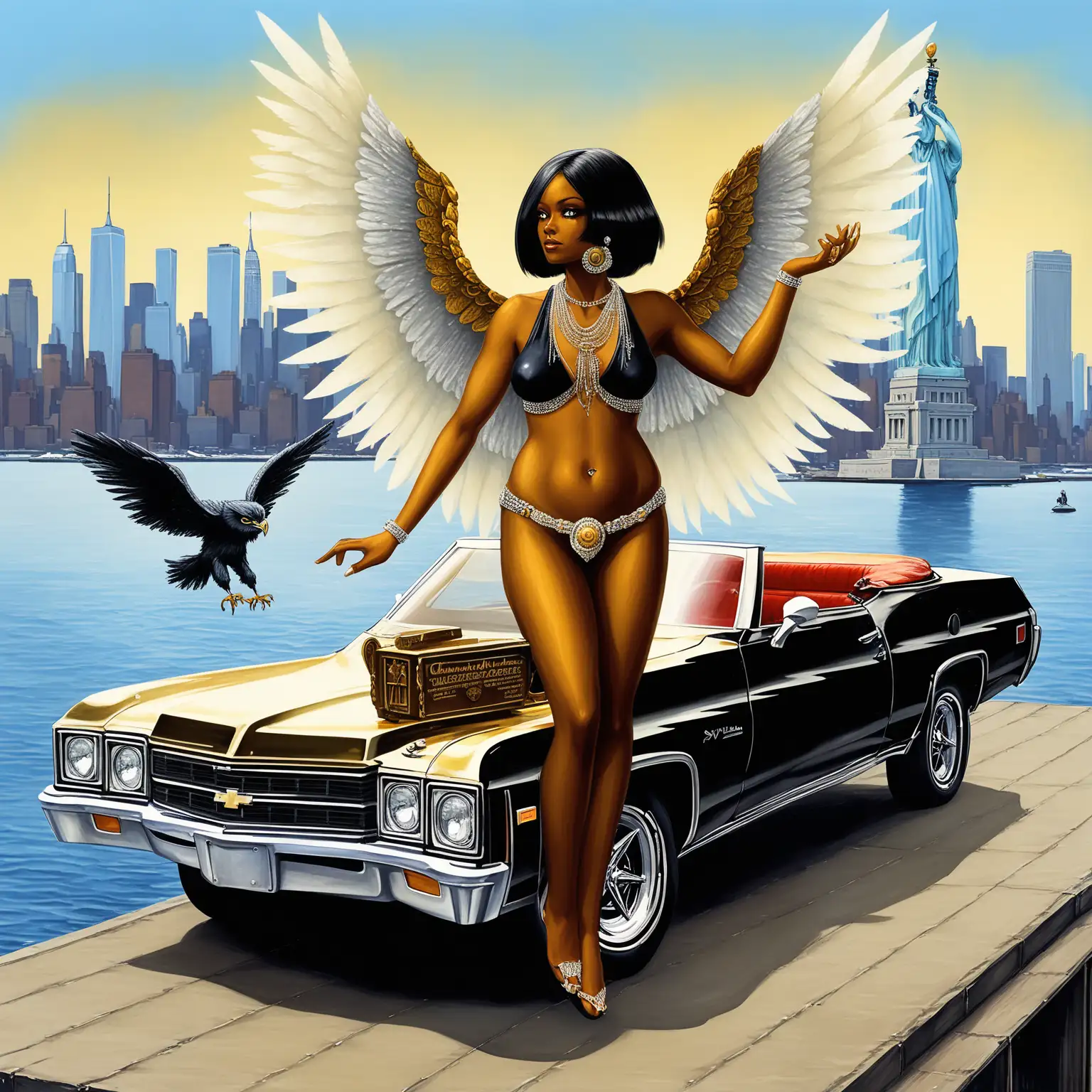 An quiet Gold Dwarf, Slick Bob hairstyle, Harpie Dancer, A woman harpy with long white wings and a black dress standing gracefully.
takes place on an open platform bearing images of stars and depictions of the Great Seal of the United States.

The New York City skyline is visible in the background, beyond the waters of New York Harbor.
1970 Chevrolet Chevelle SS Convertible in the background 
,The woman's body parts such as chest, thigh, stomach, and abdomen are visible
Boracite Jewelry,  Necklace, Rings and earrings. Black woman painterly smooth, extremely sharp detail, finely tuned, 8 k, ultra sharp focus, illustration, illustration, art by Ayami Kojima Beautiful Thick Sexy Black women 
Slick Bob hairstyle 