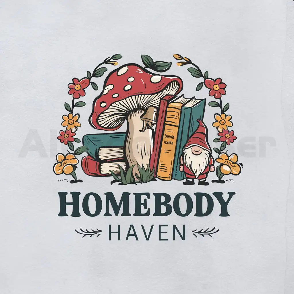 a logo design,with the text "homebody haven", main symbol:mushroom books gnome whimsical flowers,Moderate,clear background