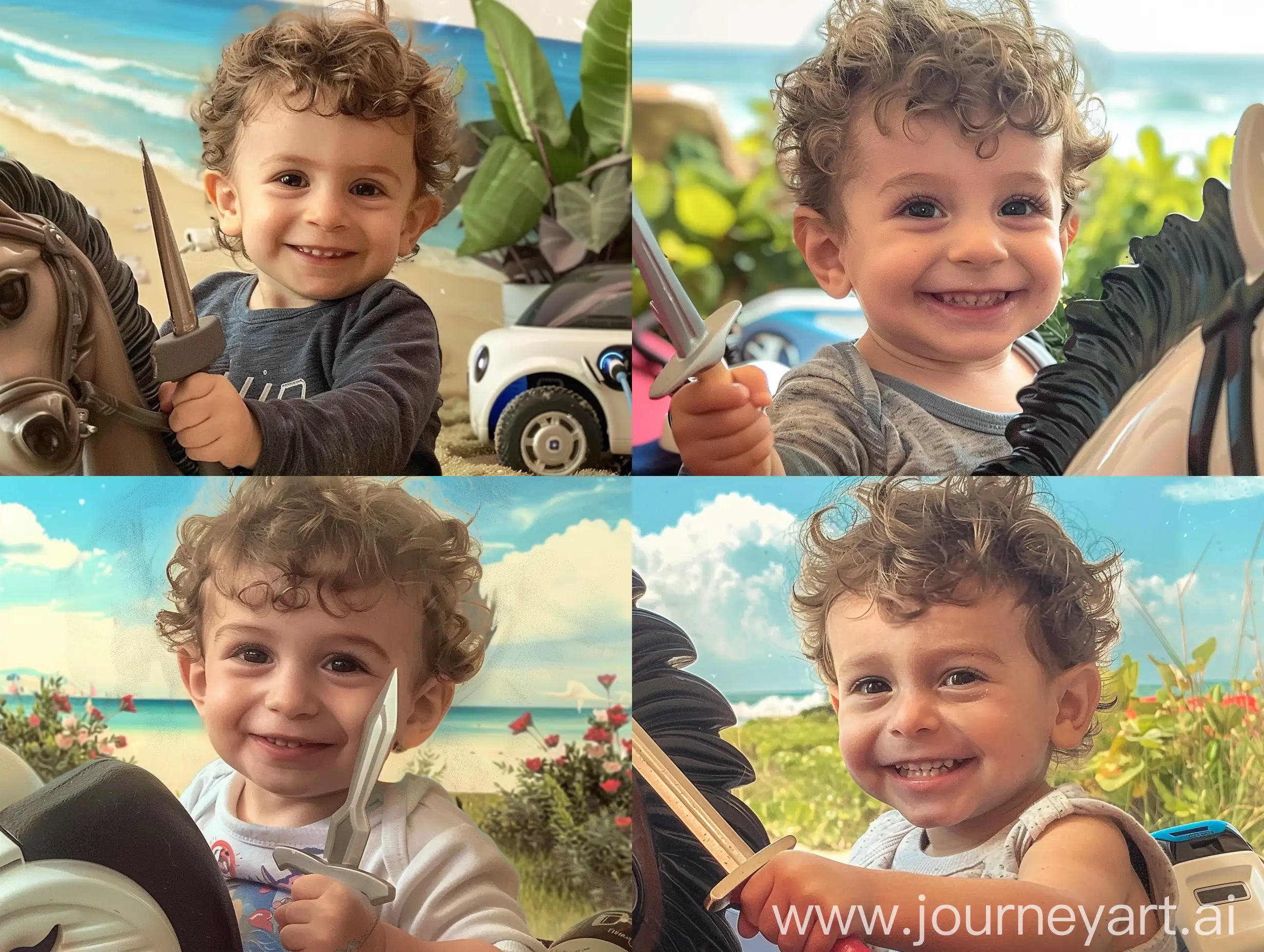 A smiling 2-year-old boy on a horse with a sword in his hand. Sea, beach, garden and battery car.