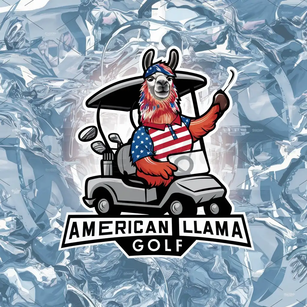a logo design,with the text "American Llama Golf", main symbol:A llama in a golf cart swinging a golf club wearing American flag polo,complex,clear background