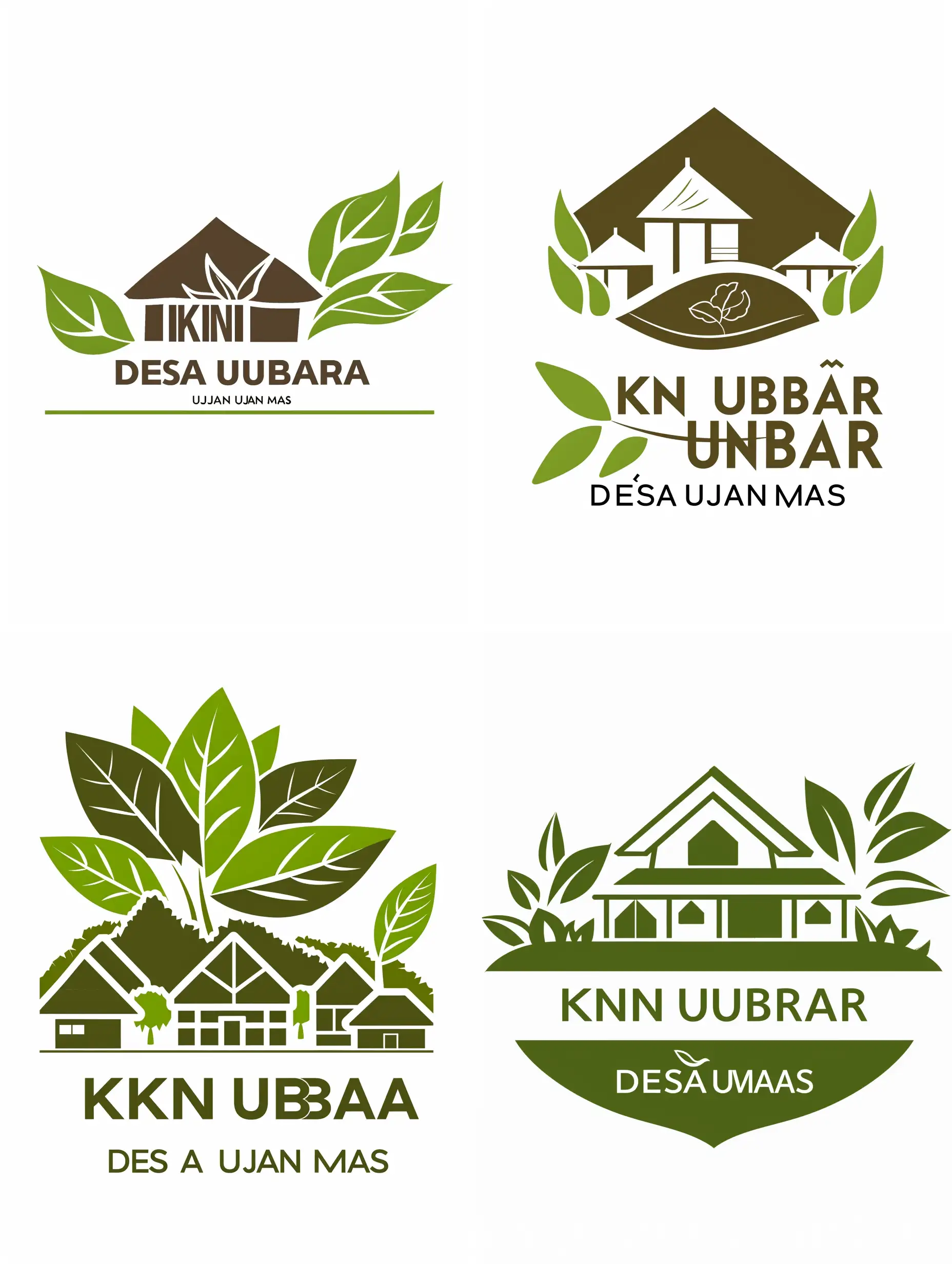 create a logo with the name "KKN UNBARA" with the slogan "DESA UJAN MAS" with an image component containing a village and leaves.