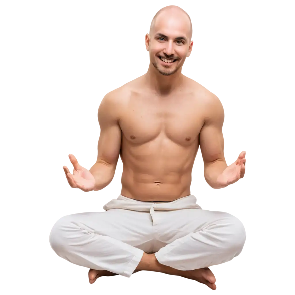 Skinhead-Man-with-Long-White-Beard-Smiling-Wearing-White-Sitting-in-Buddha-Yoga-Pose-PNG-Image