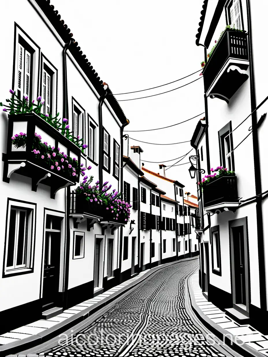 Charming-Portugal-Street-Scene-with-Hanging-Flowers-Coloring-Page