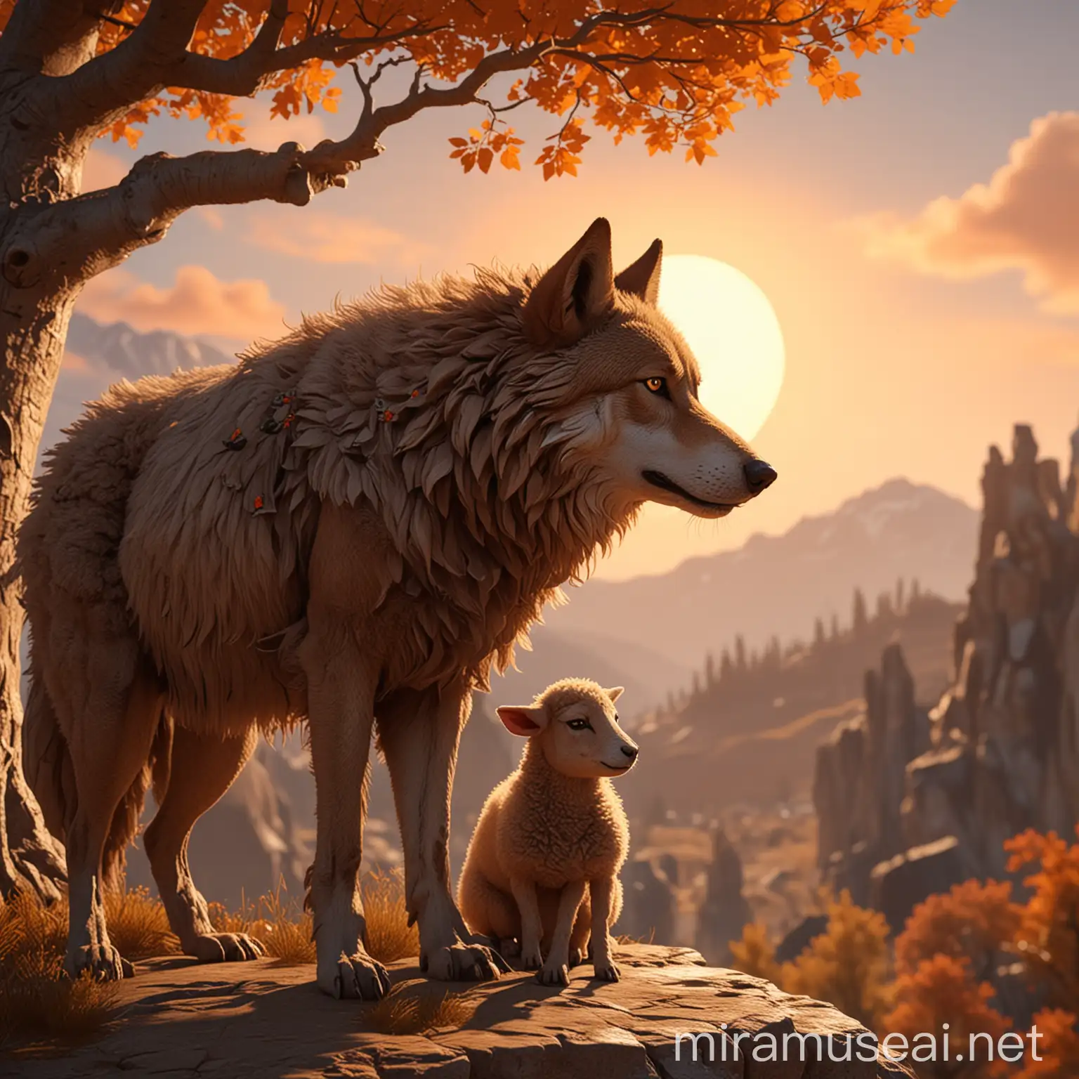 Create image: Whimsical 3d render in the style of cartoon illustration featuring a brown wolf and a sad sheep, both seen from behind. They are sitting on a cliff under a tree branch. The wolf put his arm around the sheep's shoulders, he looked at the sheep with a sympathetic smile. The background depicts an orange sky with the sun setting near the horizon. There's a speech bubble on top of the wolf's head that reads, “IF YOU FEEL SAD I CAN EAT YOU.”; 4K, trending on Artstation, Unreal Engine 5