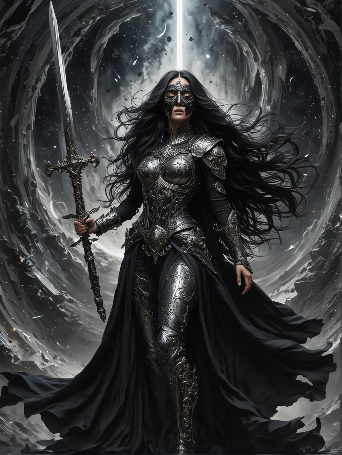 Military woman, black long hair flowing in the wind. The entire face is covered by an ornate black mask, eyes closed. Black dress, silver armor, large sword raised upwards in hand. Woman stands full height in space against a black hole.