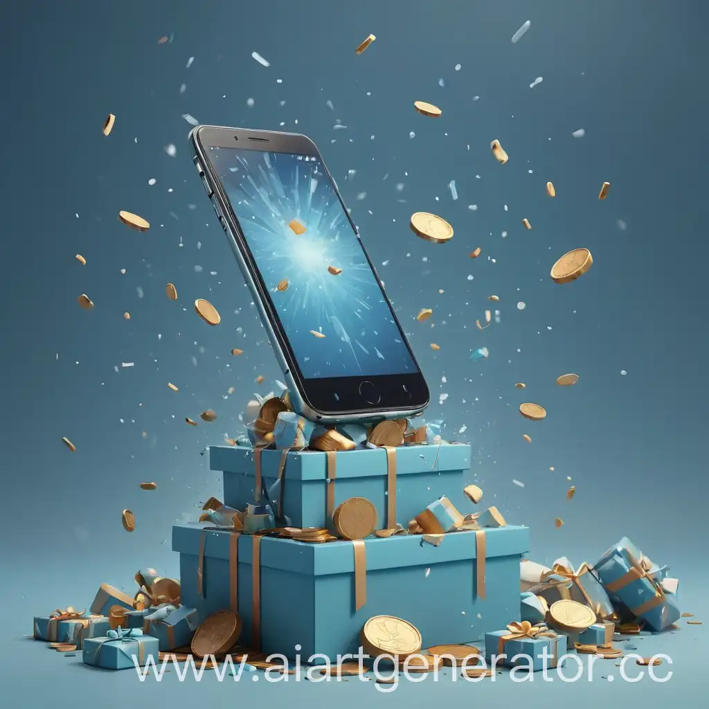 High-Detail-Blue-Cell-Phone-Surrounded-by-Falling-Coins-and-Gift-Boxes