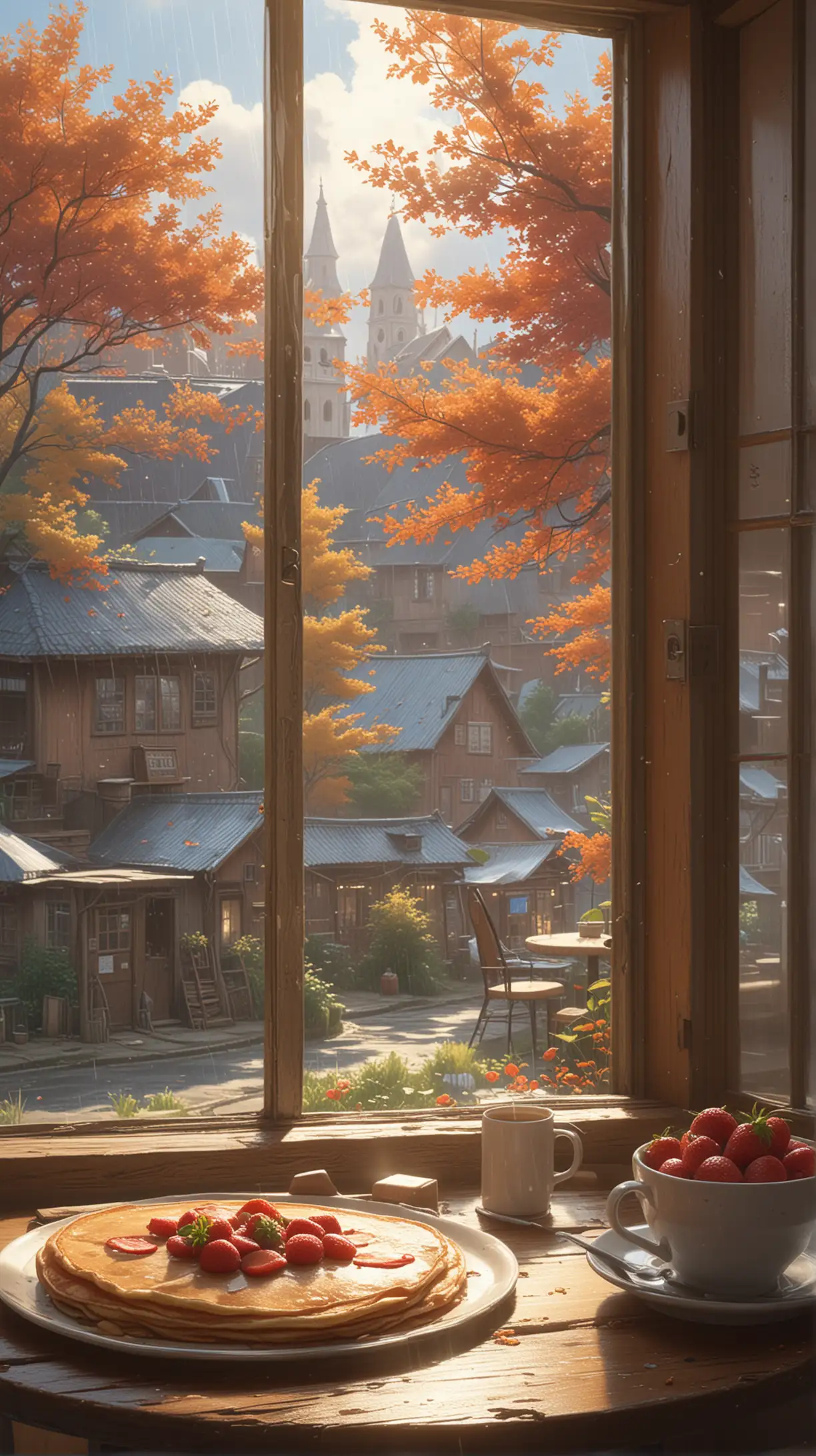 inside the house, warm coffee mug, pancakes with strawberries on top, breakfast set on round wood table located by opened window with view to outside of old bakery shop, old church, town neighbourhood, tree in autumn, Raining day, ghibli studio, makoto shinkai, ultra detailed, best illustration,