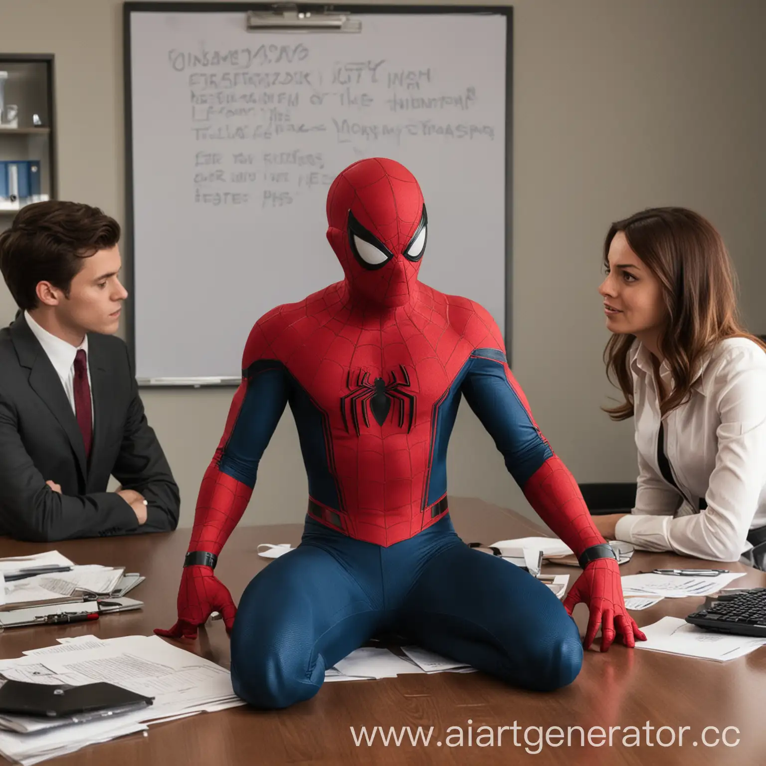 Человек паук проводит совещание в офисе