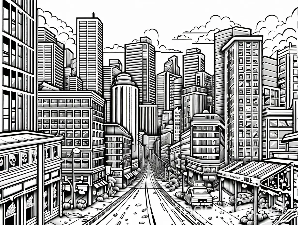 a zombie apocalypse city
, Coloring Page, black and white, line art, white background, Simplicity, Ample White Space. The background of the coloring page is plain white to make it easy for young children to color within the lines. The outlines of all the subjects are easy to distinguish, making it simple for kids to color without too much difficulty