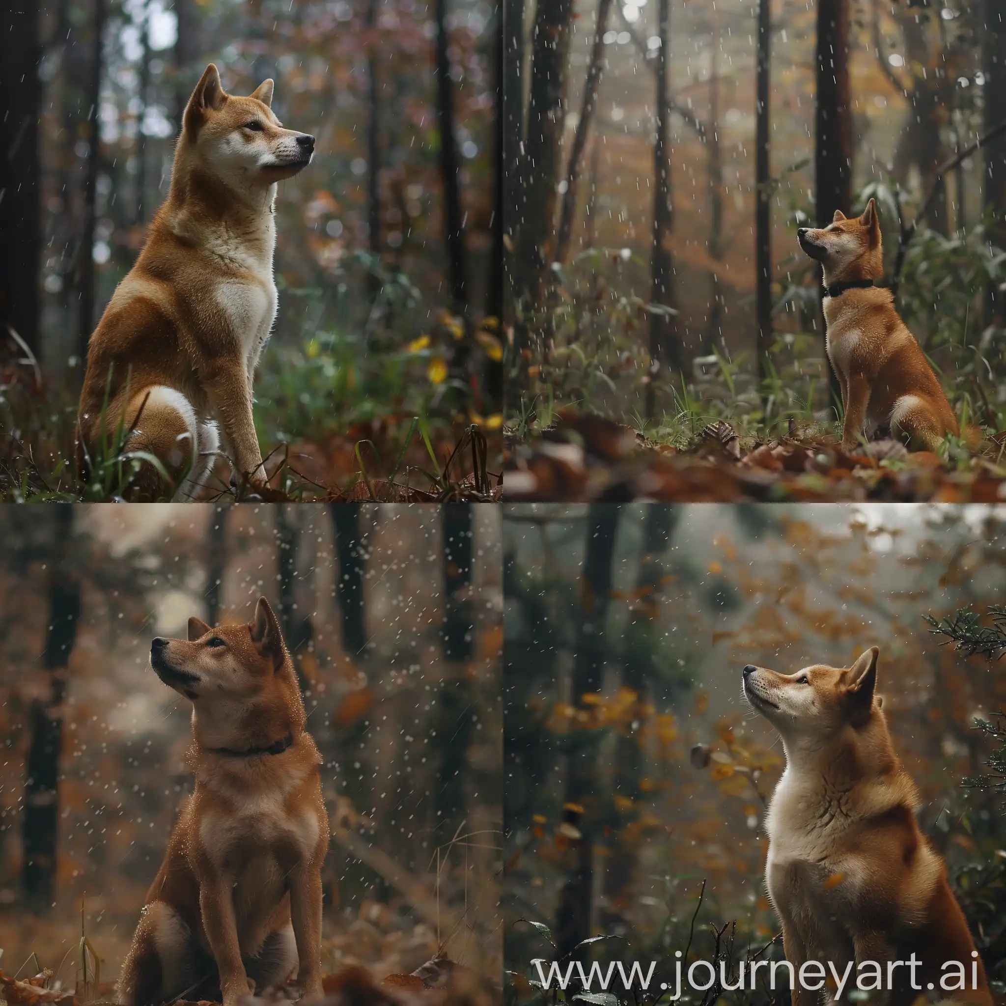 A dog of the Shiba Inu breed is sitting in the forest in the rain around 4k