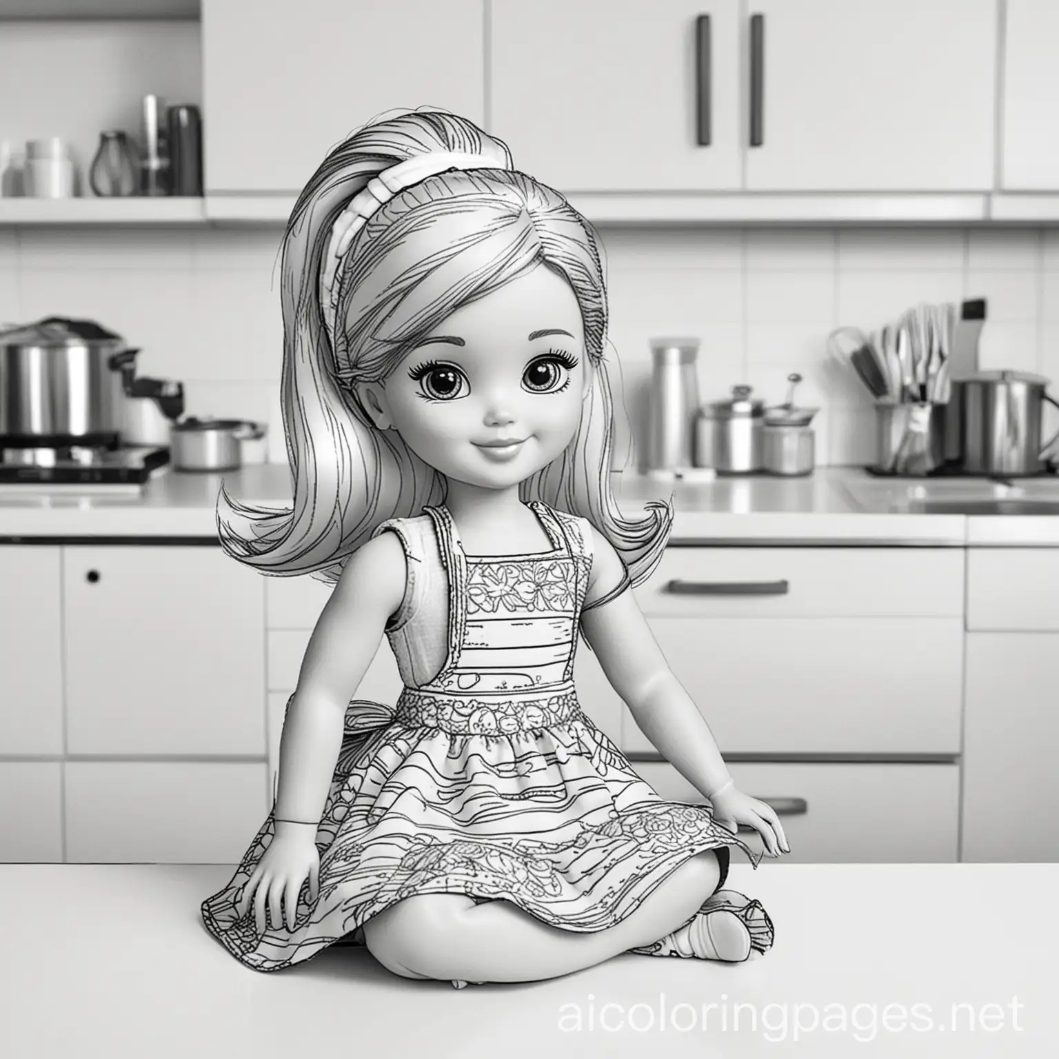 Barbie as a toddler in kitchen, Coloring Page, black and white, line art, white background, Simplicity, Ample White Space. The background of the coloring page is plain white to make it easy for young children to color within the lines. The outlines of all the subjects are easy to distinguish, making it simple for kids to color without too much difficulty