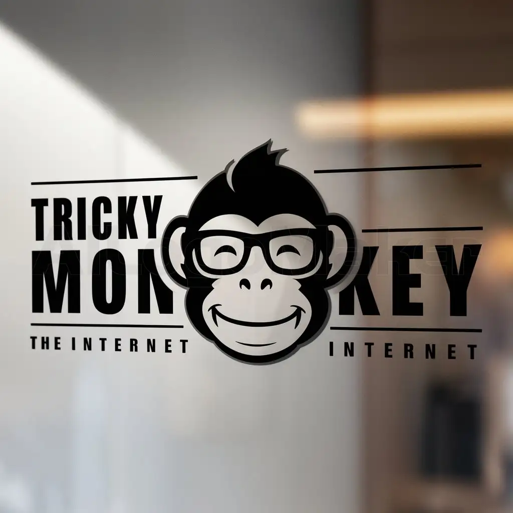 a logo design,with the text "Tricky Monkey", main symbol:Smiling monkey head with glasses as icon,Moderate,be used in Internet industry,clear background