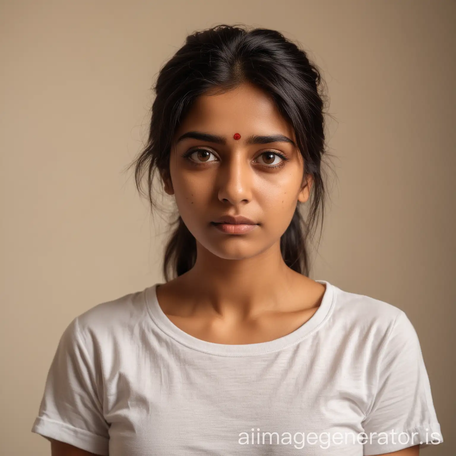 An Indian woman in a casual tshirt. Her skin tone is fair with brown eyes. Make her eyes look sad.