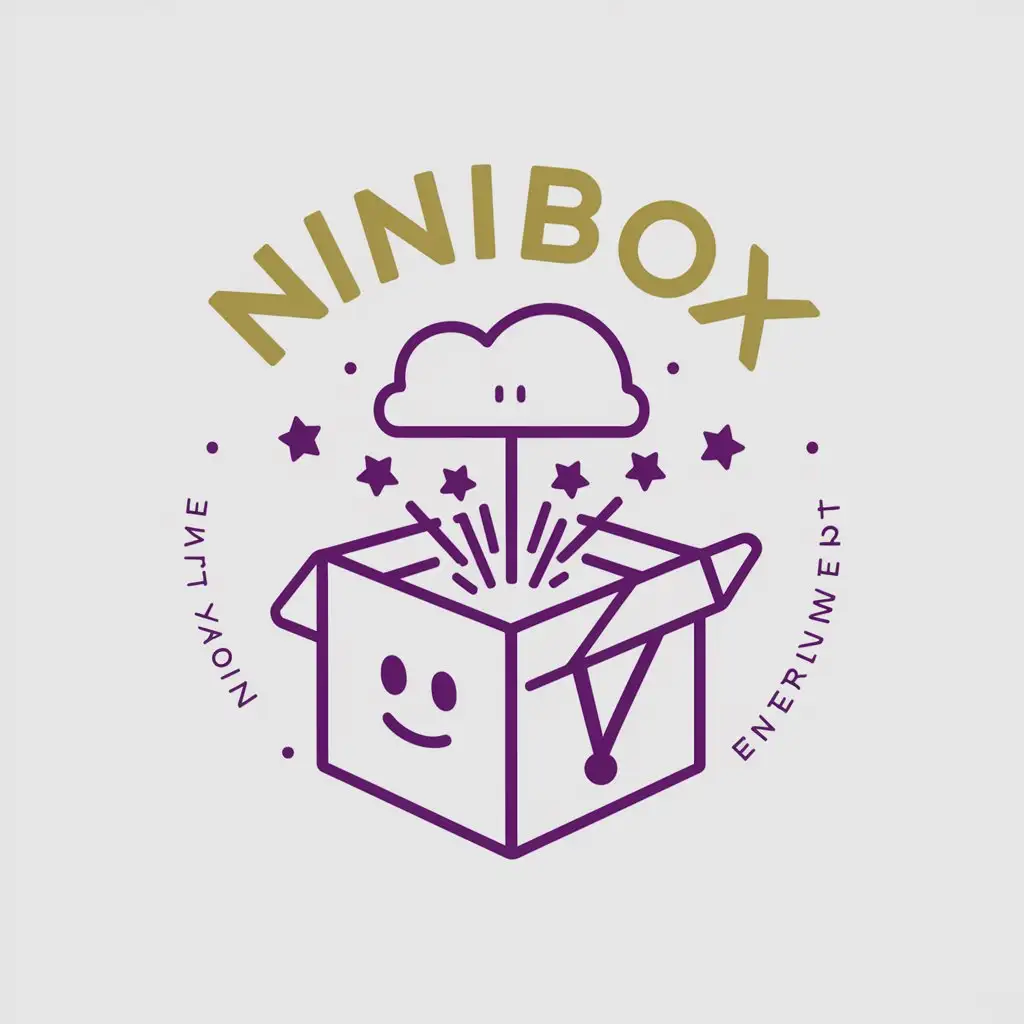 a logo design,with the text "ninibox", main symbol:Logo concept: Elements: gift box, smiley face, cloud Colour: Bright gold and purple, style: Modern and minimalist, with a little cartoon elements, to attract young people Design description: Gift box image: represents the blind box, conveying the concept of ‘surprise’; the gift box pops up many gifts/stars, representing the lucky cloud. Smiley face and exclamation mark: expresses the user's satisfaction and surprise experience. Graphic Logo,Minimalistic,be used in Entertainment industry,clear background